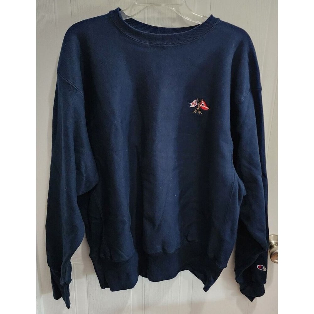 VTG Reverse Weave CHAMPION Sweatshirt Mens Navy Blue Nautical Flag Logo Size L